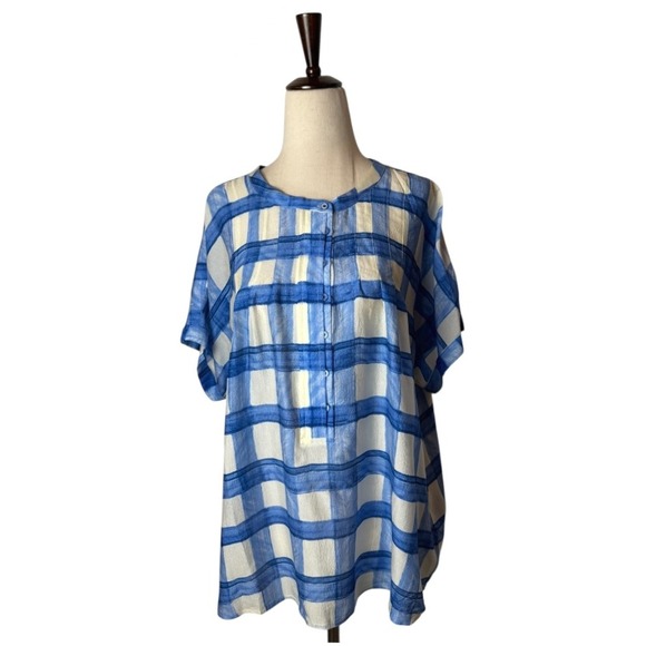 Maeve Anthropologie Shirt Women Medium Blue White Checked Silk Top Boho Preppy - Picture 2 of 9
